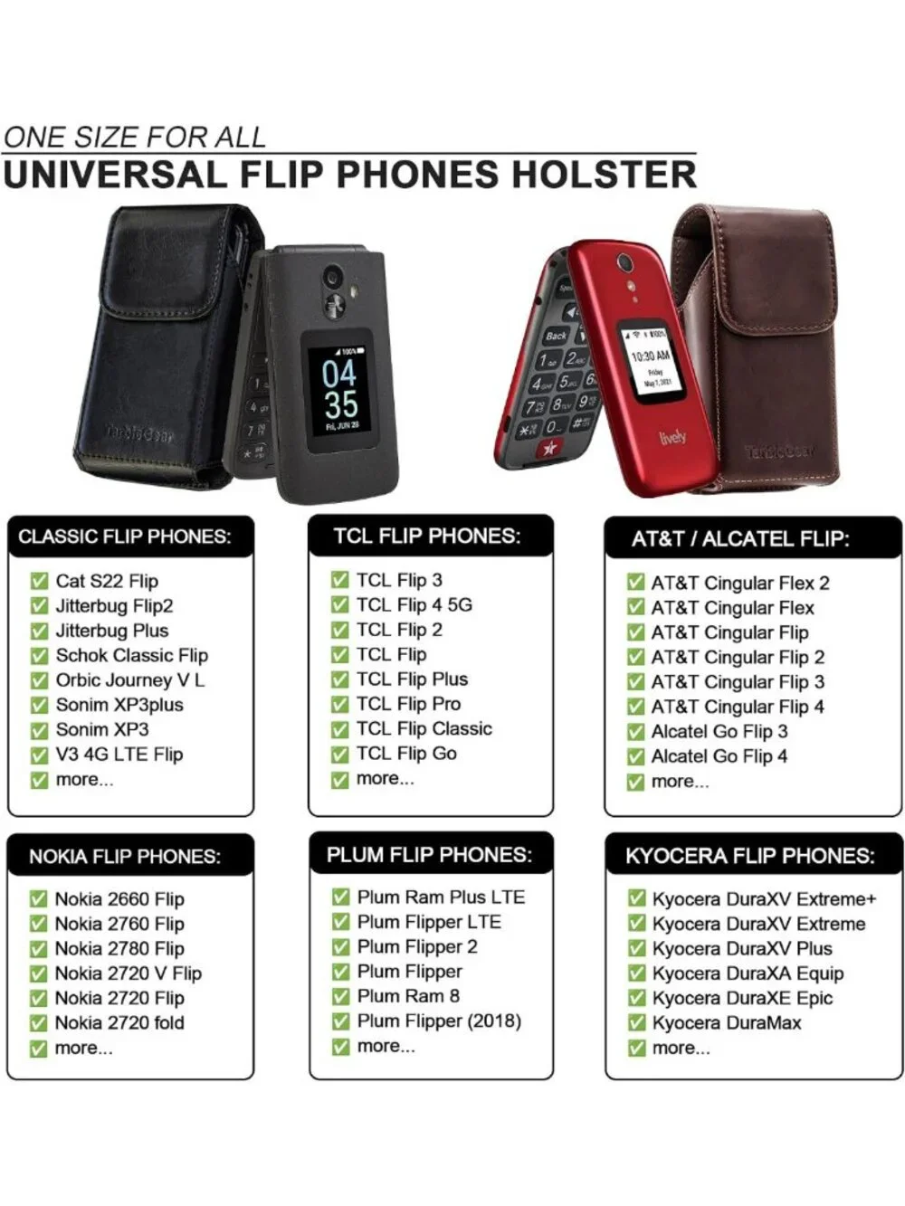 Stylish Leather Flip Phone Case with Belt Clip Pouch for Kyocera, TCL, Nokia